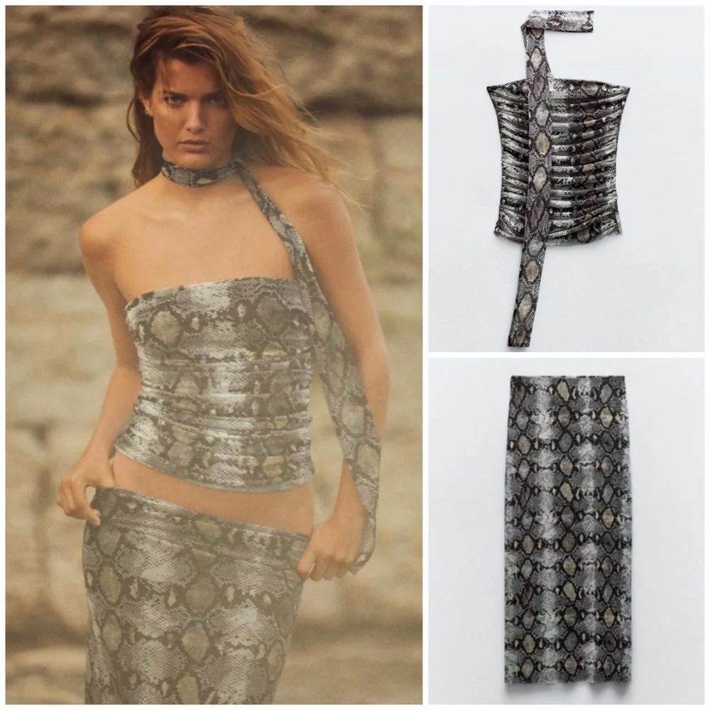 New Zara 2 Piece Coord Snake Print Tulle Top and Skirt Medium 5039/475 5039/472